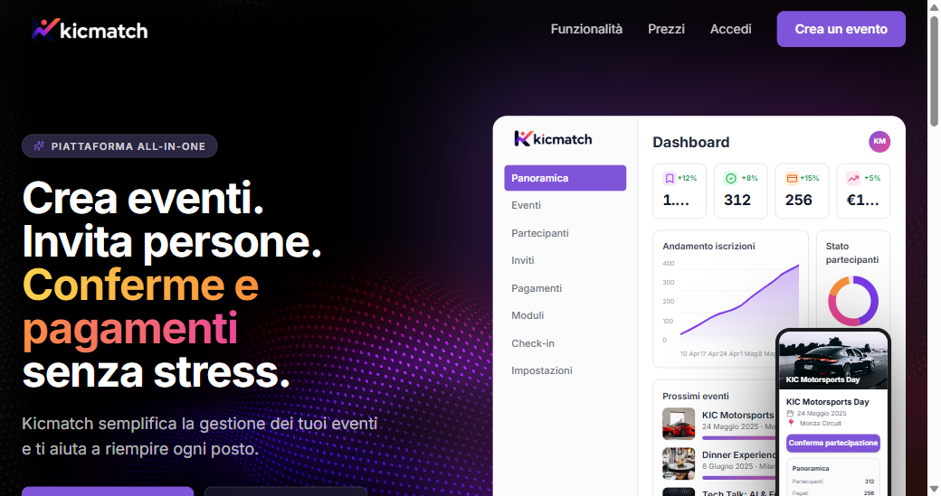 Landing della piattaforma SaaS KicMatch per la gestione eventi