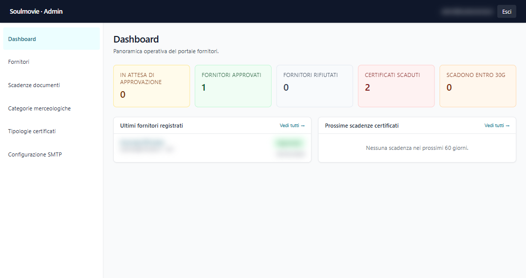 Dashboard del portale fornitori B2B Soulmovie