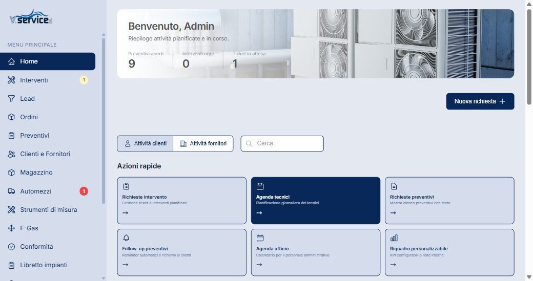 Dashboard del CRM di assistenza V-Service